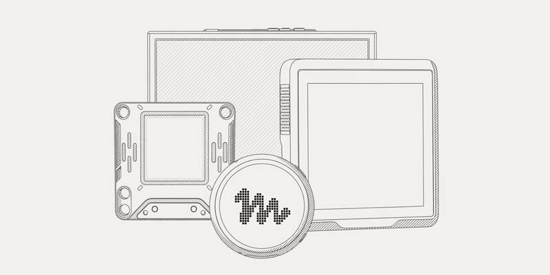 Line drawing of a round Muse Home Link puck with a pixel-style Muse logo in front of an ESP32 circuit board, an e-ink display and a touchscreen device