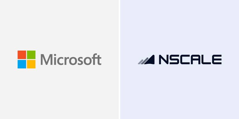 The Microsoft logo on a light grey panel beside the Nscale logo on a pale blue panel