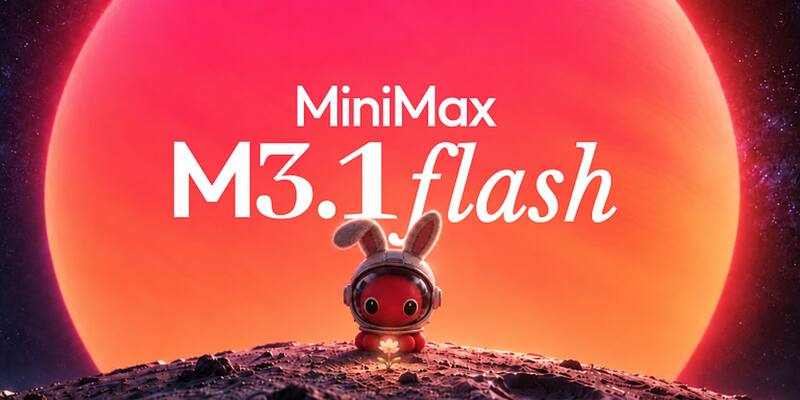 The words MiniMax M3.1 flash over a large red planet, with a small red cartoon character in a bunny-eared space helmet sitting on a rocky surface