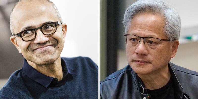 Side-by-side portraits: on the left, Satya Nadella smiling in dark-rimmed glasses and a navy jumper; on the right, Jensen Huang in rimless glasses and a black leather jacket