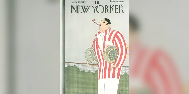 A 1928 New Yorker cover showing a man in a red and white striped blazer smoking a pipe and carrying tennis rackets by a tennis court