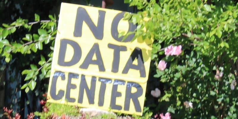 A hand-painted yellow sign reading NO DATA CENTER in black letters, half hidden among green leaves and pink roses
