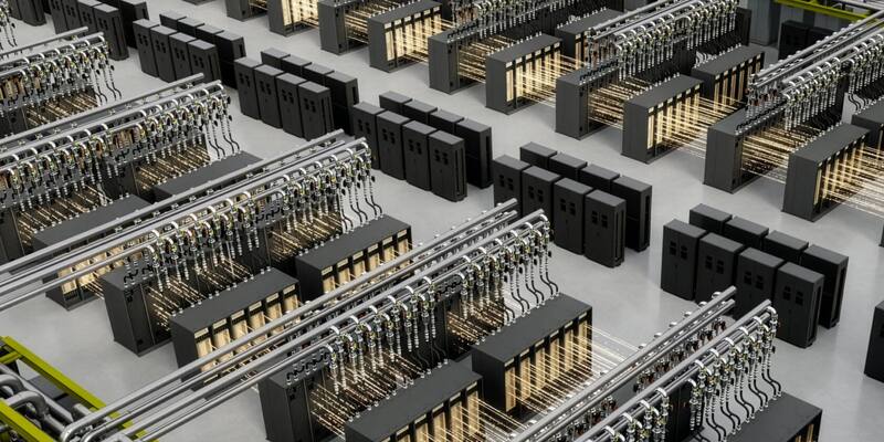 A computer-generated view of rows of black server racks connected by silver liquid-cooling pipes, glowing with orange light inside