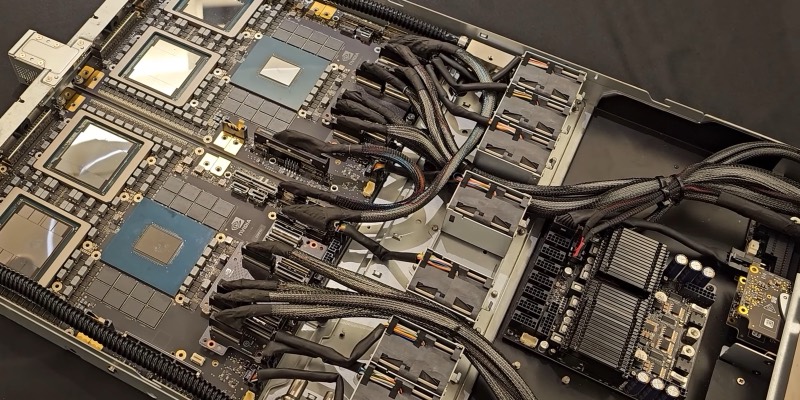 An NVIDIA GB200 server board with two Grace Blackwell superchips, heat-spreader lids, braided cables and power components