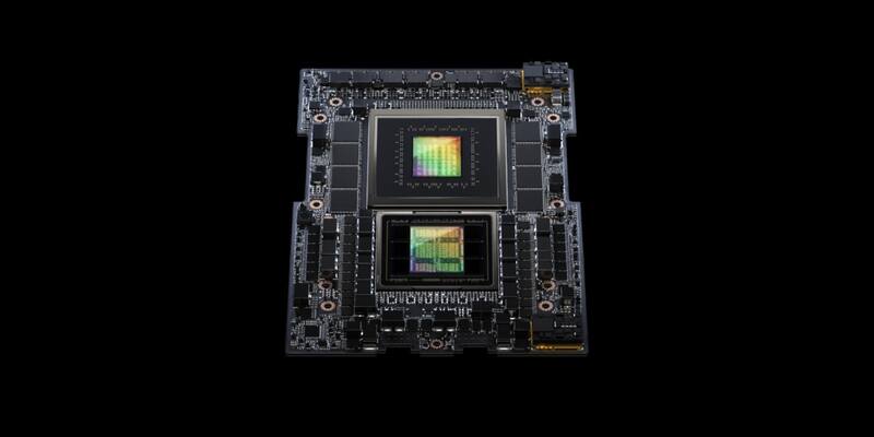 A computer-generated image of Nvidia’s GH200 board on a black background, with two large chips glowing green and gold surrounded by memory and circuitry