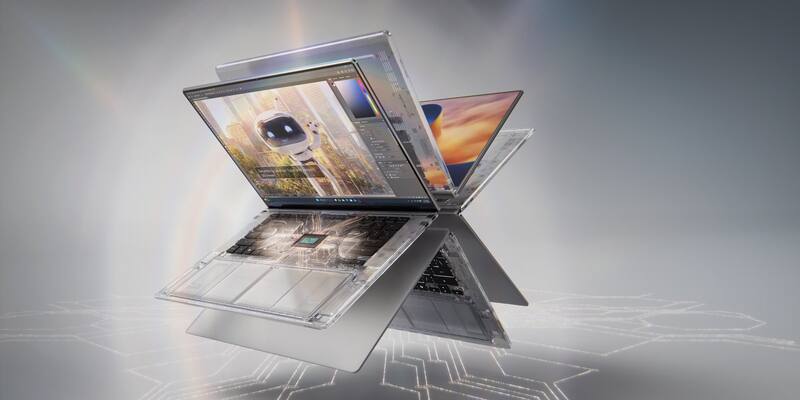 Two silver laptops, one with a see-through body showing the RTX Spark chip inside, floating against a grey background with glowing circuit lines