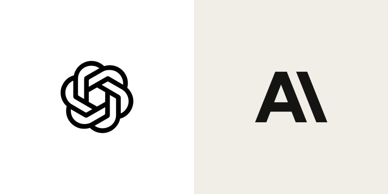 The black OpenAI knot logo on a white background beside the black Anthropic “AI” symbol on a cream background