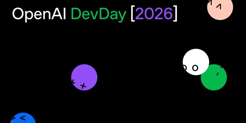 OpenAI DevDay 2026 title card in white, green and purple on black, with round coloured characters scattered around it