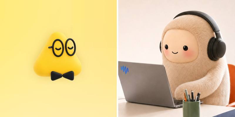 Side-by-side image: a yellow triangle-shaped character with round glasses and a black bow tie on a yellow background, and a fluffy cream-coloured character with rosy cheeks wearing headphones and typing on a laptop