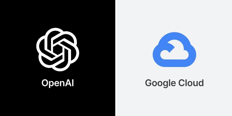 The white OpenAI knot logo and wordmark on a black panel on the left, beside the blue Google Cloud cloud logo and grey wordmark on a light grey panel on the right