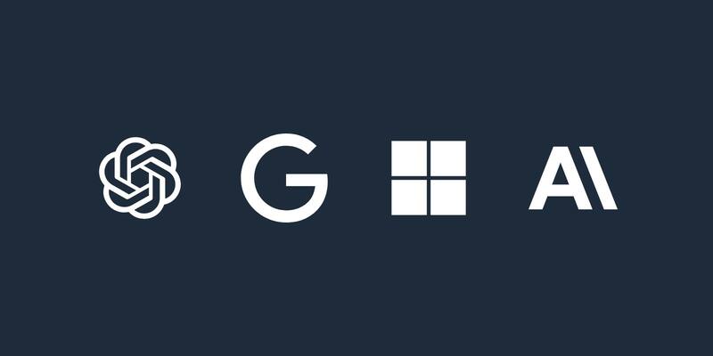 The OpenAI, Google, Microsoft and Anthropic logos in white on a dark navy background