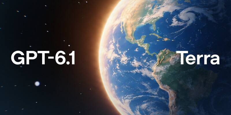 The words GPT-6.1 Terra in white either side of a sunlit Earth showing the Americas against a starry black sky