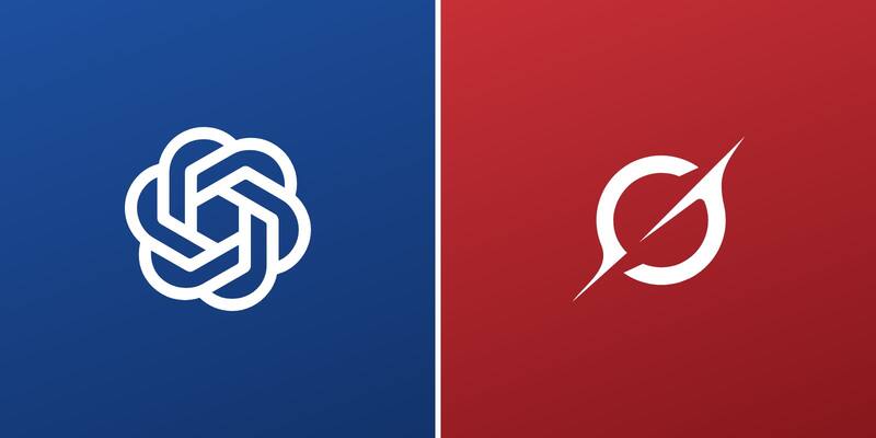The white OpenAI knot logo on a blue background beside the white Grok logo on a red background