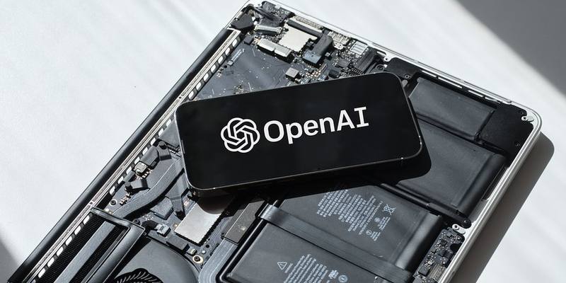 A phone showing the OpenAI logo, lying on top of an opened laptop with its battery and circuit board exposed.
