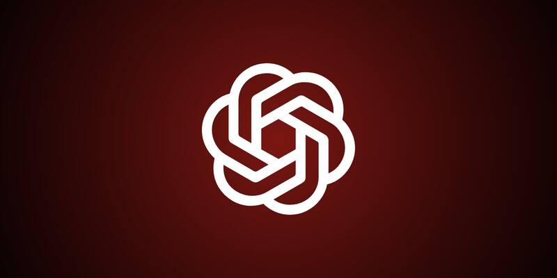The white OpenAI knot logo centred on a dark scarlet to black gradient background.