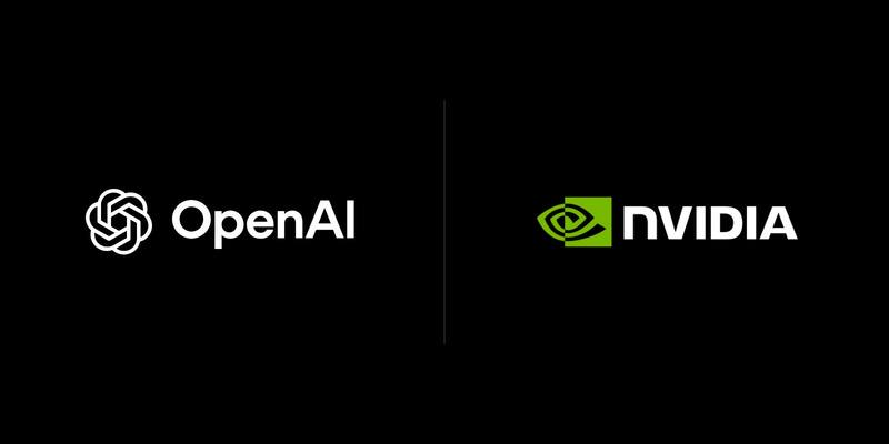 The white OpenAI knot logo and wordmark on the left and the green and white Nvidia logo on the right, on a black background, separated by a thin grey line