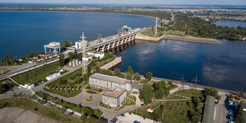 Aerial view of the Kyiv hydroelectric power plant and dam on the Dnipro river