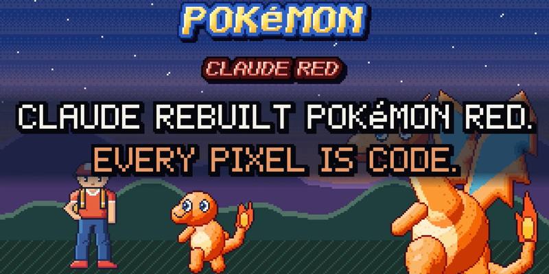 Pixel-art title card reading Pokémon Claude Red, with the words Claude rebuilt Pokémon Red. Every pixel is code, above a trainer, Charmander and Charizard on a hillside at night