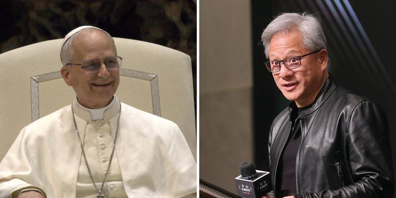 Side-by-side portraits: on the left, Pope Leo XIV smiling in white papal robes and skullcap on a cream chair; on the right, Jensen Huang in glasses and a black leather jacket speaking beside a microphone