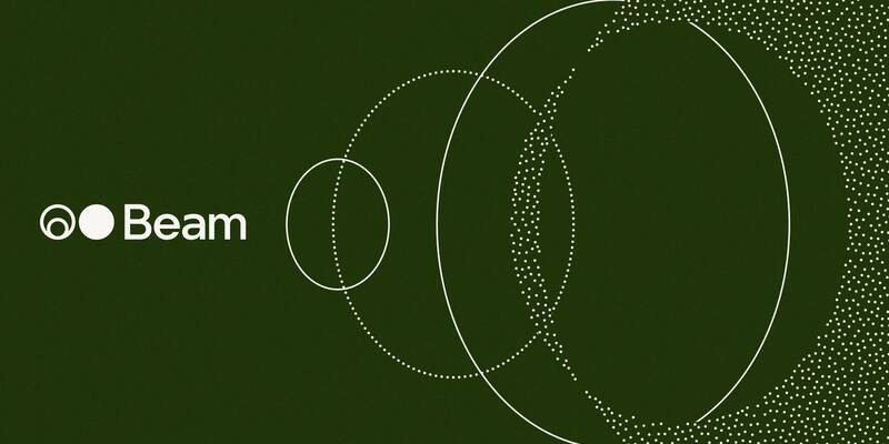 The white Beam logo on a dark green background beside overlapping white rings and a spray of dots