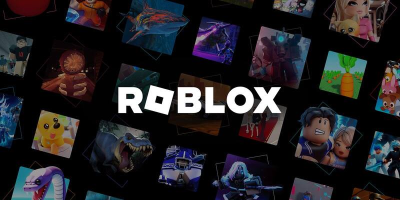 The white Roblox wordmark in the centre of a dark background scattered with tilted tiles showing Roblox game characters, creatures and scenes