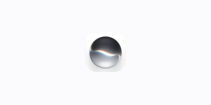 Apple’s Siri AI app icon: a glossy dark and silver sphere with a rainbow light streak, on a white rounded square against a pale grey background