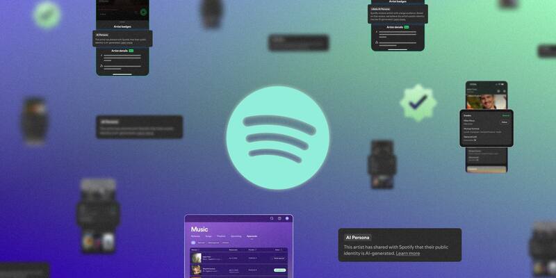 The Spotify logo in mint green on a purple-to-green gradient, surrounded by blurred app panels showing an AI Persona label and artist verification badges.