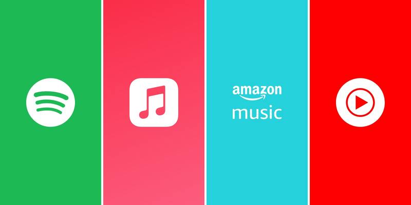 Four coloured panels side by side with white logos: Spotify on green, Apple Music on pink-red, Amazon Music on turquoise and YouTube Music on red.
