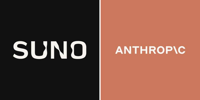 The cream Suno wordmark on a black background beside the ivory Anthropic wordmark on a terracotta background