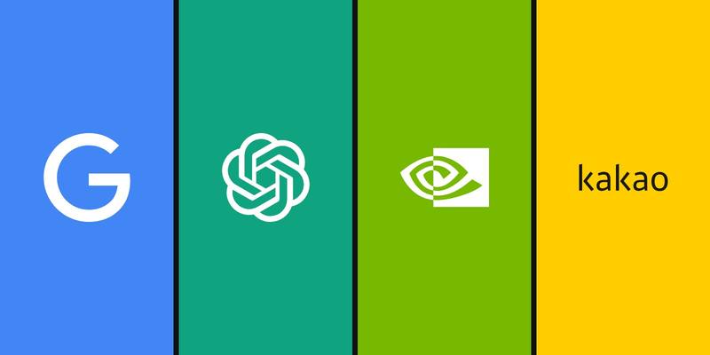 Four coloured panels side by side with white or dark logos: Google’s G on blue, OpenAI’s knot on green, Nvidia’s eye on lime and the Kakao wordmark on yellow.