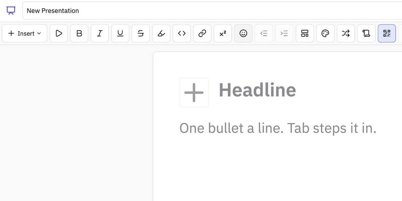 A blank slide in Tiny Little Office’s presentation builder, with a Headline placeholder, the hint ‘One bullet a line. Tab steps it in.’ and a toolbar of formatting buttons