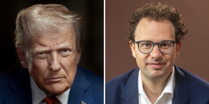 Side-by-side portraits: Donald Trump in his official 2025 presidential portrait on the left, and Anthropic CEO Dario Amodei, in glasses and a navy jacket, on the right