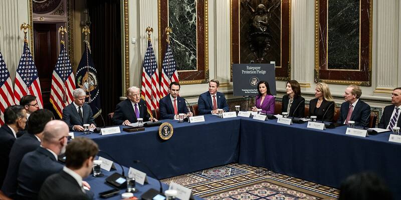 Donald Trump speaking at a long blue-draped table with tech executives and officials, beside a sign reading Ratepayer Protection Pledge