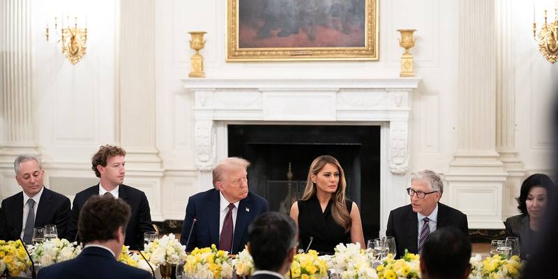 Donald Trump seated at a long dinner table in the White House State Dining Room, with Mark Zuckerberg, Melania Trump and Bill Gates beside him