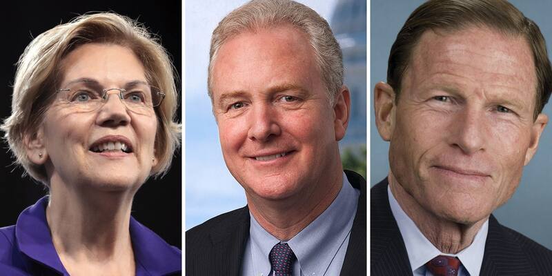 Side-by-side portraits of Elizabeth Warren in glasses and a purple top, Chris Van Hollen in a dark suit with the Capitol dome behind him, and Richard Blumenthal in a dark suit and red tie