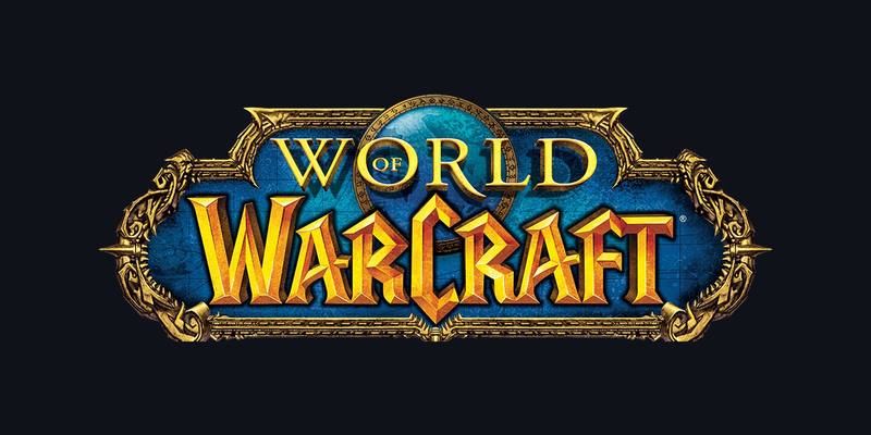 The World of Warcraft logo: gold 'World of Warcraft' lettering on a blue and gold crest, on a dark background.