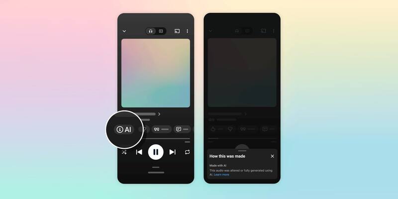 Two phone screens showing the YouTube Music player, one with a magnified AI badge under the song title and one with a panel reading How this was made, Made with AI