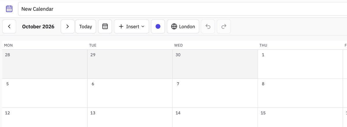 A Tiny Little Office calendar showing October 2026 in a month grid, with Today, Insert and a London time zone button in the toolbar