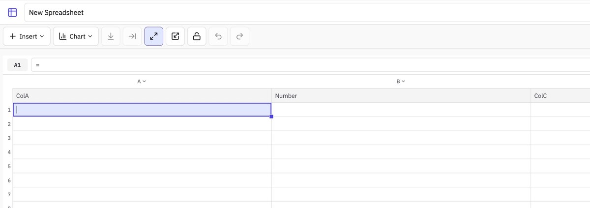 A blank Tiny Little Office spreadsheet with Insert and Chart menus, a formula bar and columns headed ColA, Number and ColC